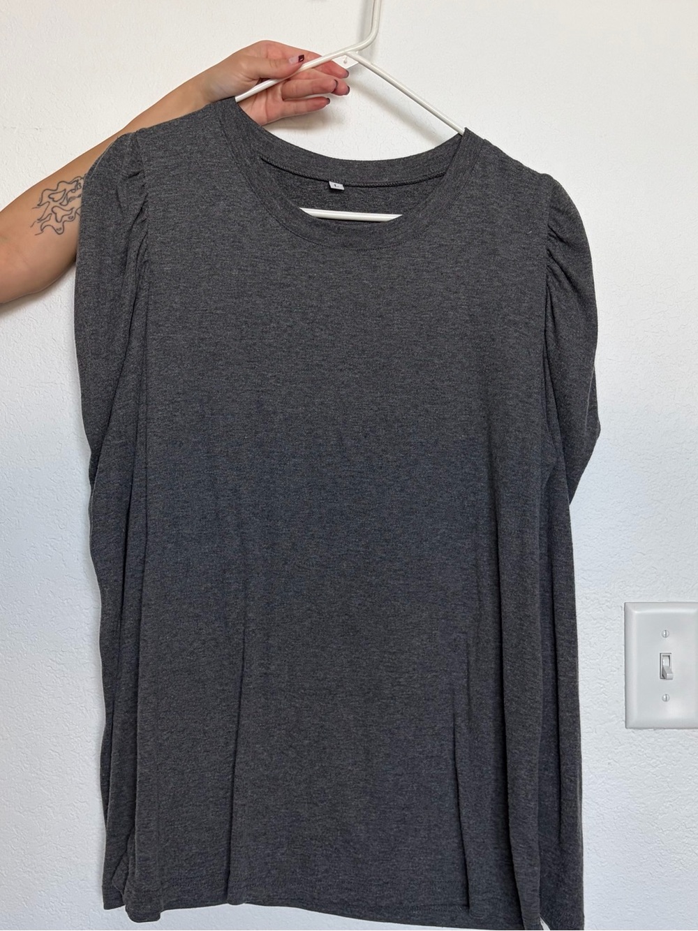 Women's Charcoal Long Sleeve Crewneck Top with Puff Shoulder Detail
